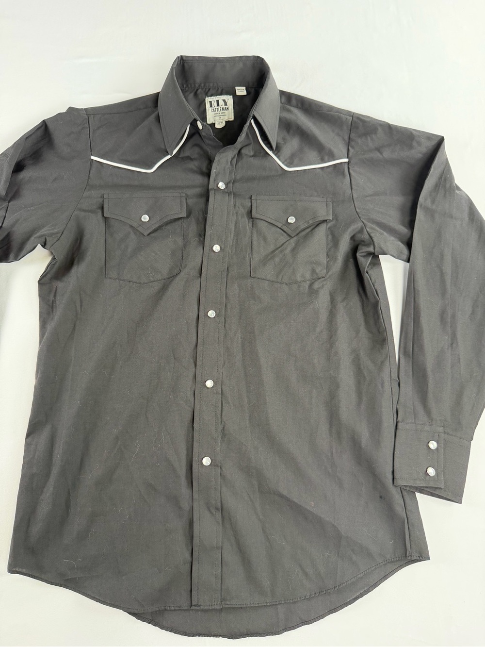 Boys Ely Cattleman Black Western Pearl Snap Shirt with White Piping EUC Large